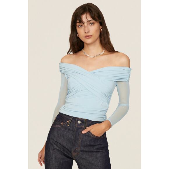 Self-Portrait Pale Blue Jersey Mesh Crossover Off the Shoulder Long Sleeve Top 0 - Picture 2 of 10